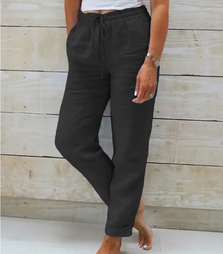 Cotton Linen Summer Pants for Women High Waist Elastic Casual Trousers Streetwear Solid Female Clothes Loose Pencil Pants 250303