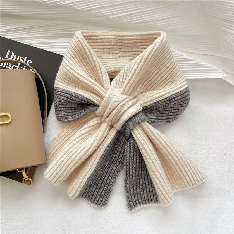 T220 scarf short women's autumn and winter cross-knitted scarf Korean version color matching all-match winter warm lazy neck protection