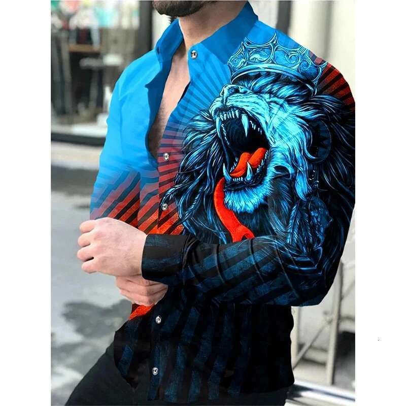 Summer Fashion Men's Shirt With Lapel Lion Print Designer Button Up Shirt Casual Breathable Comfortable Long Sleeved Top 2025 New Mens Personaliz