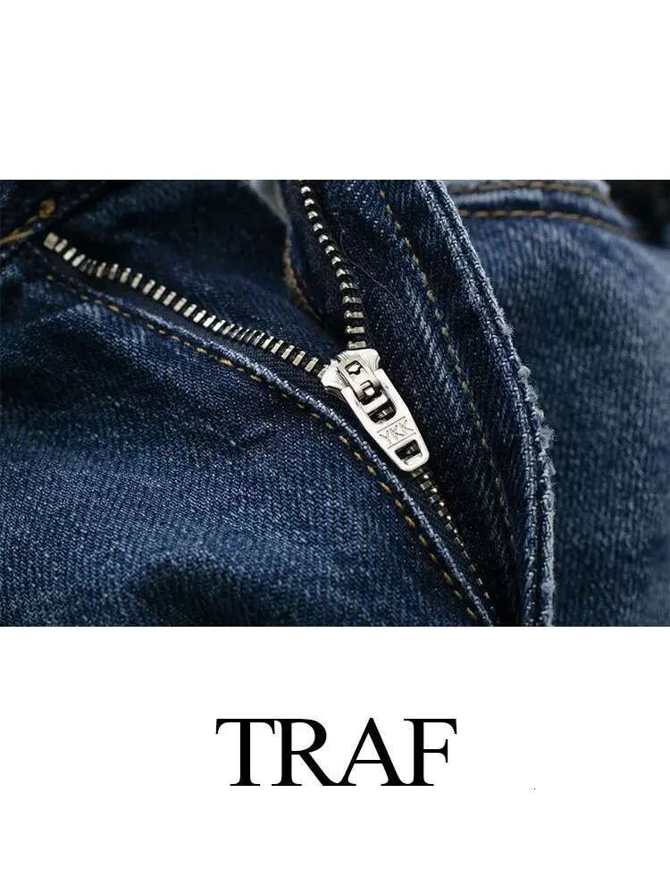 TRAF 2024 Women's Street Trendy Denim Deconstructed Trousers Embellished Mid-Waist Wide Leg Pockets Versatile Jeans