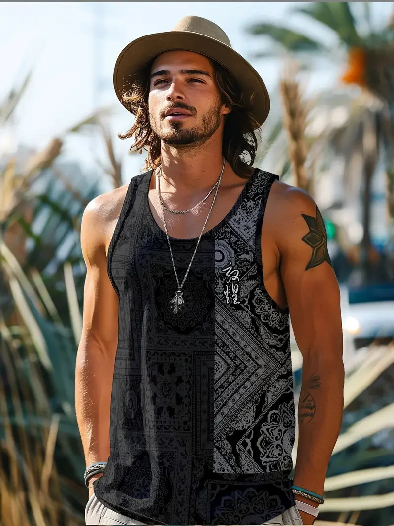 Fresh Printed Sleeveless Sports Mens Tank Top Holiday Street Fashion Round Neck Breathable Comfortable Short Sleeve Sports Tops 250304