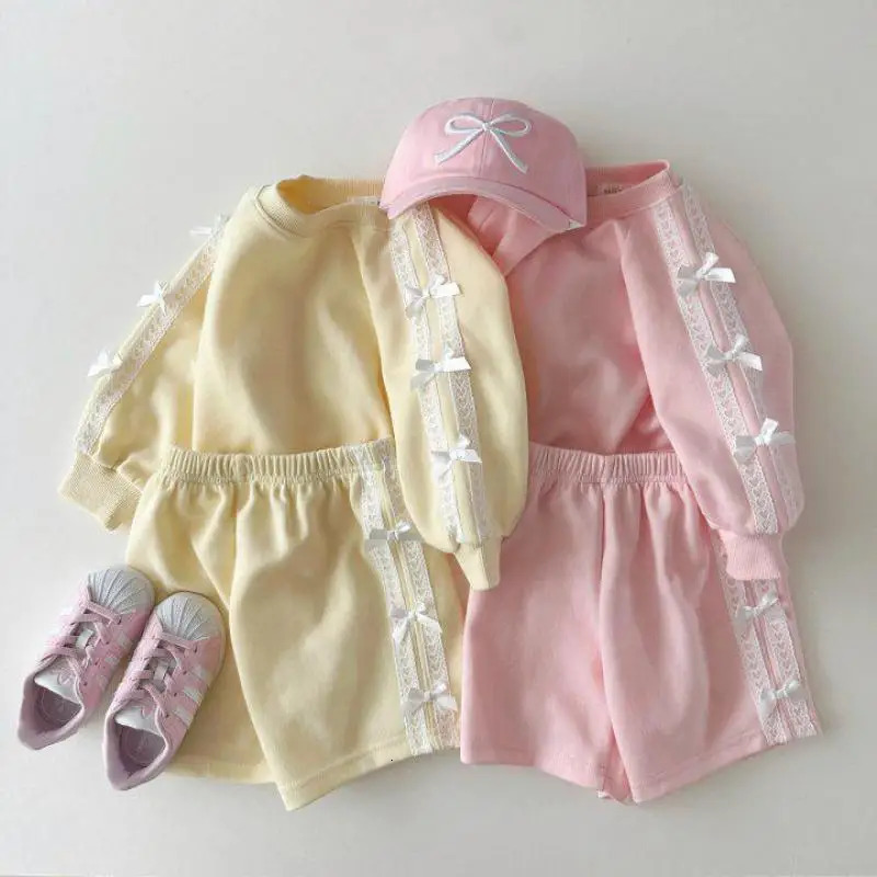 Autumn Children Long Sleeve Clothes Set Girls Lace Bow Sweet Princess Suit Cotton Kids Solid Casual Shorts Outfits 250304