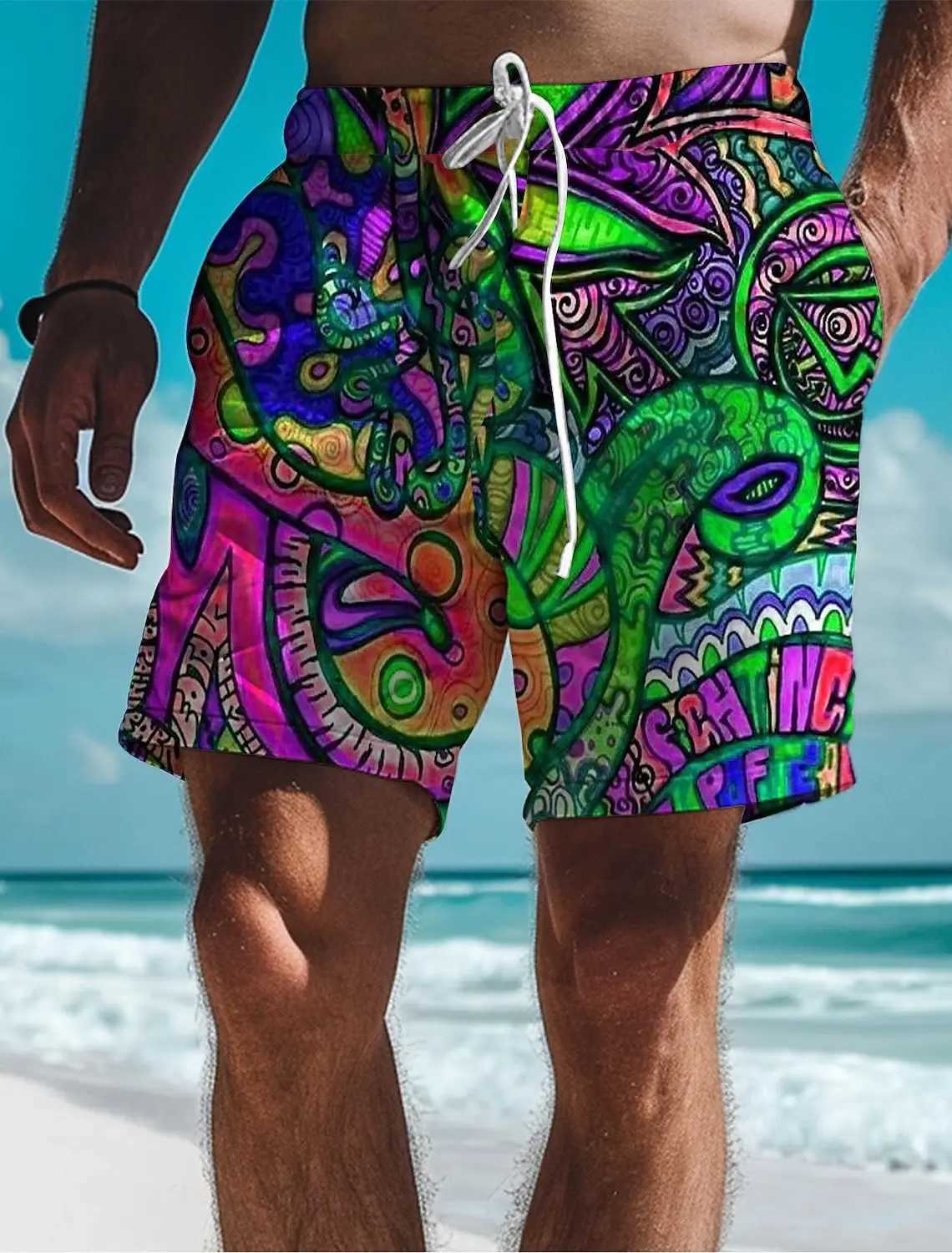 Graffiti Mens Resort 3D Printed Board Shorts Fashion Swim Trunks Elastic Waist Drawstring Hawaiian Style Holiday Beach ShortsT250304