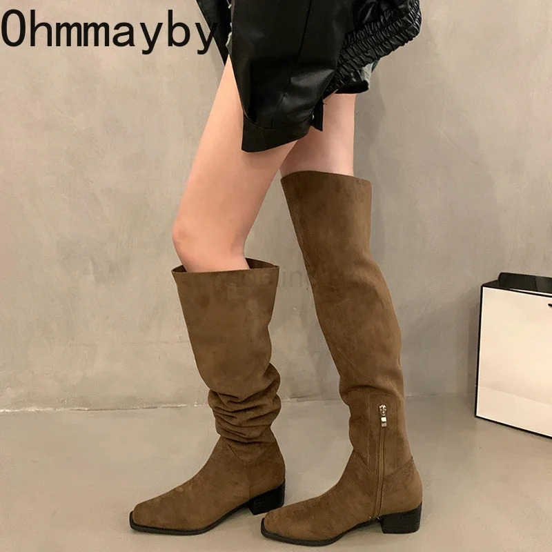 Designer Square Heel Streh Wen Over The Knee High Boots Autumn Winter Ladies Concise Long Botas De Mujer Z250304