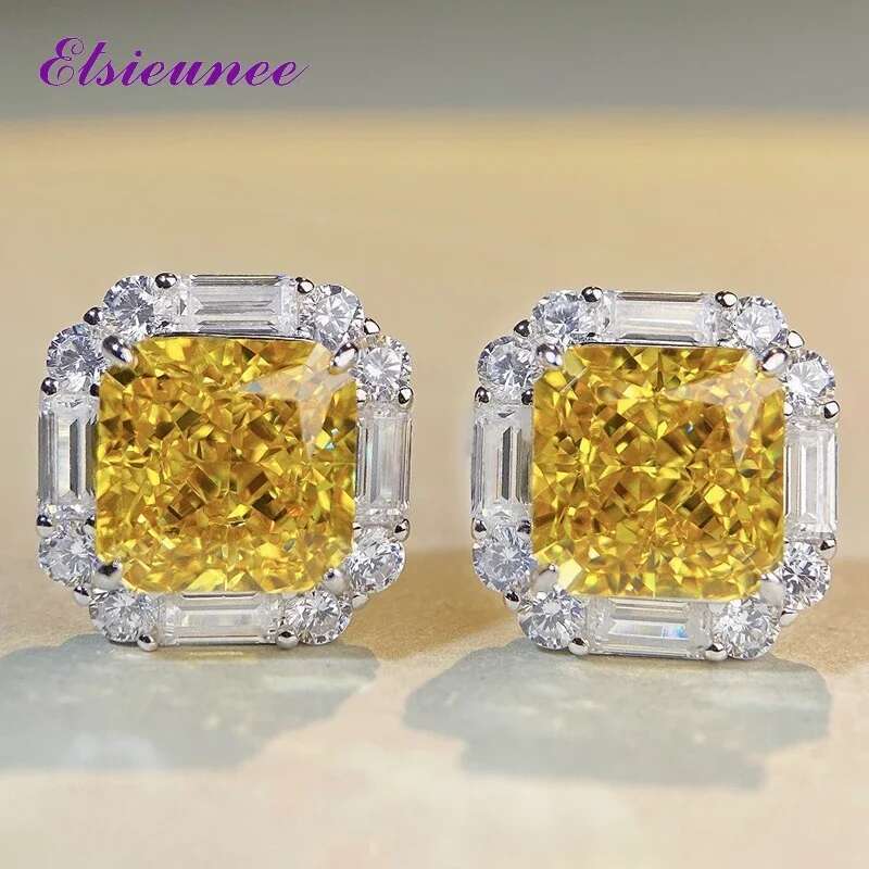 Top Quality 100% Sterg Sier 10CT Radiant Cut Citrine Sapphire High Carbon Dia Wedding Party Stud Earrings for Women