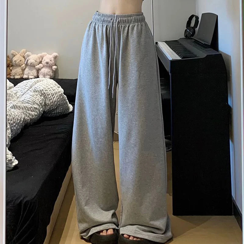 R Harajuku Wide Leg Sweatpants for Women Elastic Waist Casual Sport Pants Woman Streetwear Gray Oversize Sportswear Female 250303