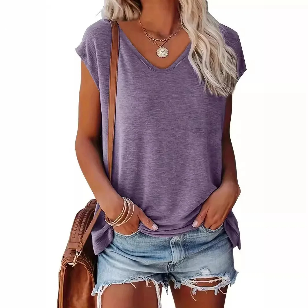SpringSummer Cross border European and American Womens Fashion and Casual Solid Color V-neck Short sleeved T-shirt on 250303