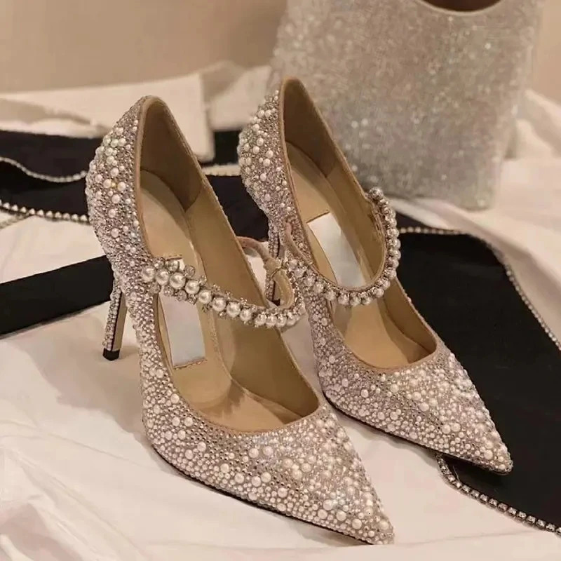 Bling Shiny Glitter Pumps Women Slip-On Rhinstone High Heels Shoes Woman Shining Thin Heels Wedding Party Shoes 250303