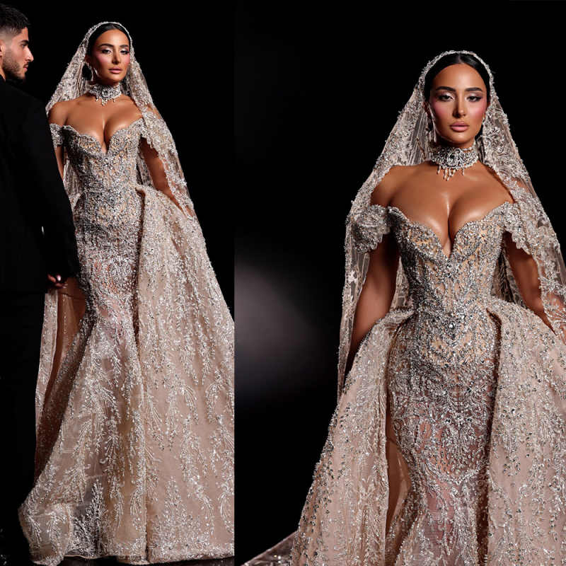 Gorgeous Mermaid Wedding Dress Off Shoulder Sleeveless Bridal Gowns Sequins Crystal Detachable Train Dresses Custom Made vestidos de novia