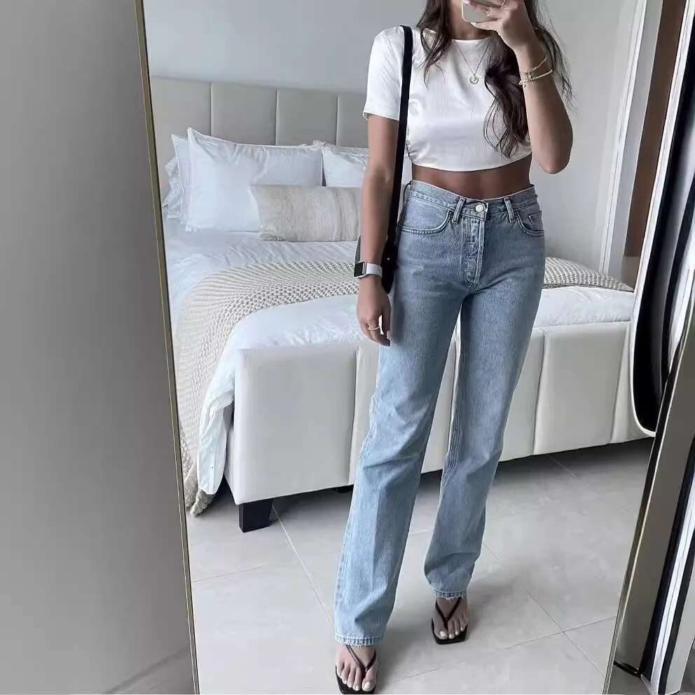 2023 New Women High Waisted Denim Pants Fashion Casual Straight Light Blue Jeans Streetwear