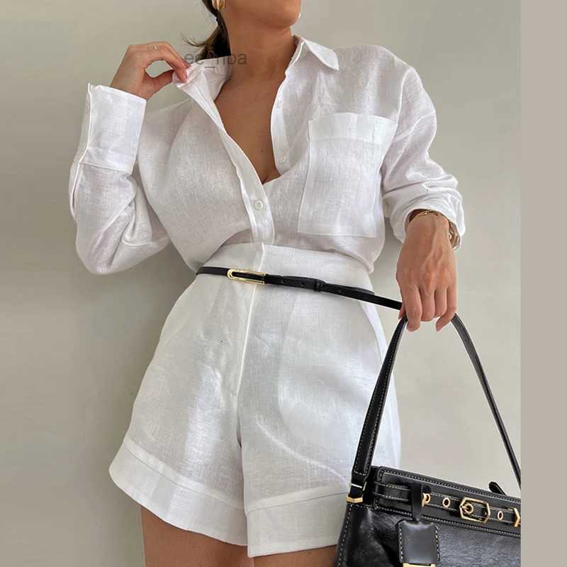 Aoaiiys White Short Sets Women Shirts Long Sleeve Linen Loose Blouse High Waist Shorts Suit Summer 2 Piece Womens Outfits 240518