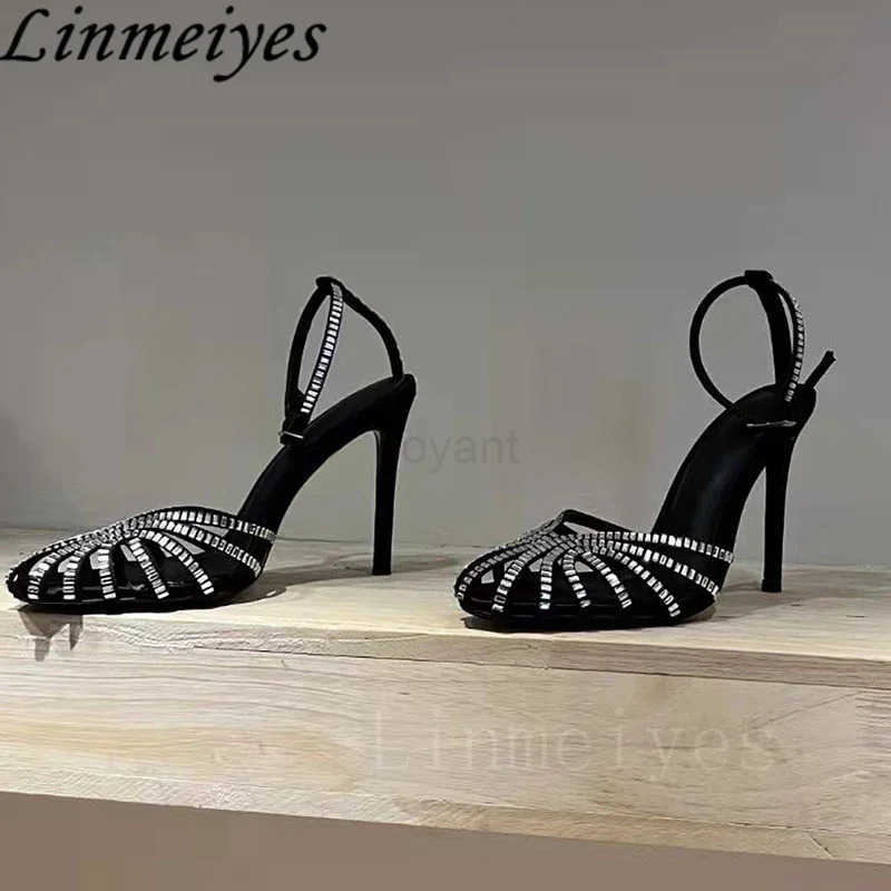 Rhine Sandals Wan High H Hollow Outs Summer Sandalias Wan Ankle Strap Crystal Shoes Wen Stiletto Sandals Wan Z250304