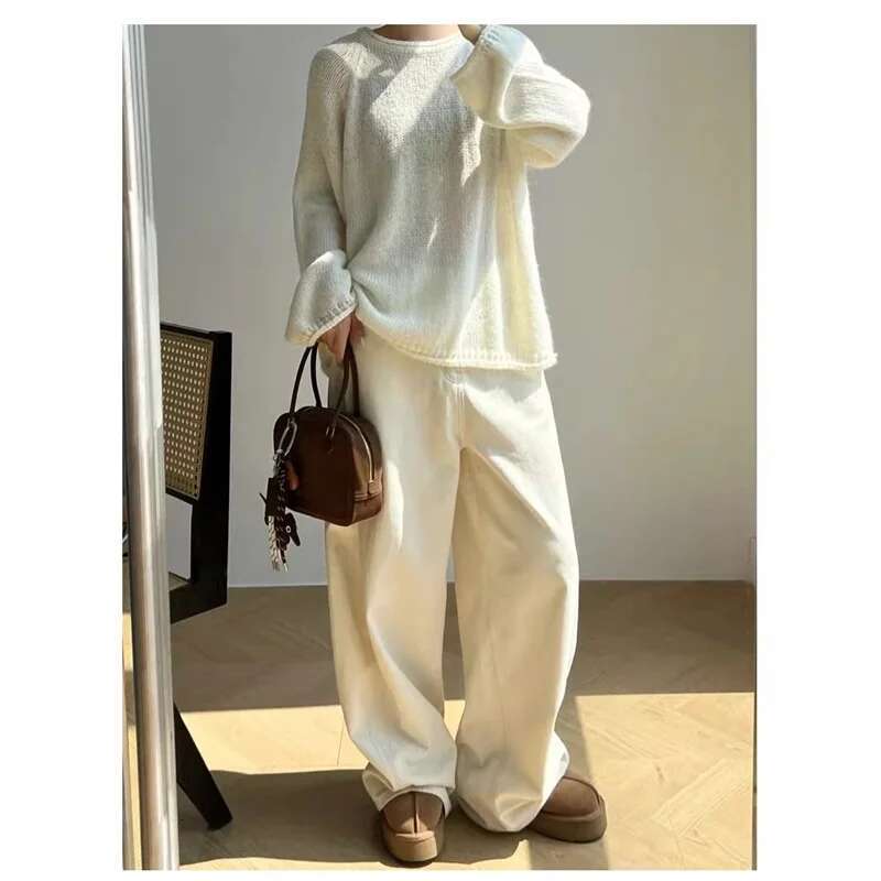 Off White Women Y2k Hip Hop Vintage High Waisted Jeans Straight Streetwear Casual Loose Large Size Wide Leg Denim Pants