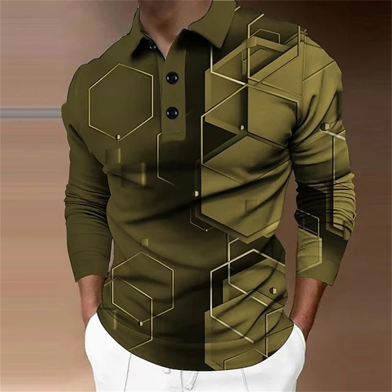 Mens Long Sleeve Polo Shirt Golf Shirt Graphic Prints Geometry Turndown 3D Print Outdoor Street Long Sleeve Comfortable Tops 250304