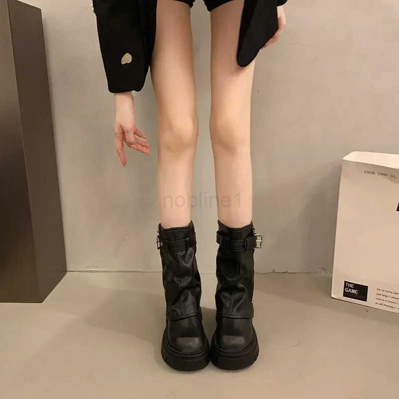 Autumn Winter Wen Mid-Calf Boots Belt Buckle Boots Punk Zipper Boots Fold Motorcycle Boot Platform Boot Botas Para Mujer Z250304