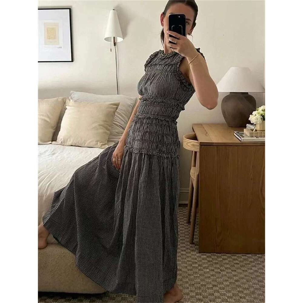 Women's Elastic Waist Short Sleeve Or O-Neck Dress Vintage Plaid Sleeveless Ladies Square Neck Fashion Midi Robe 2025 Summer