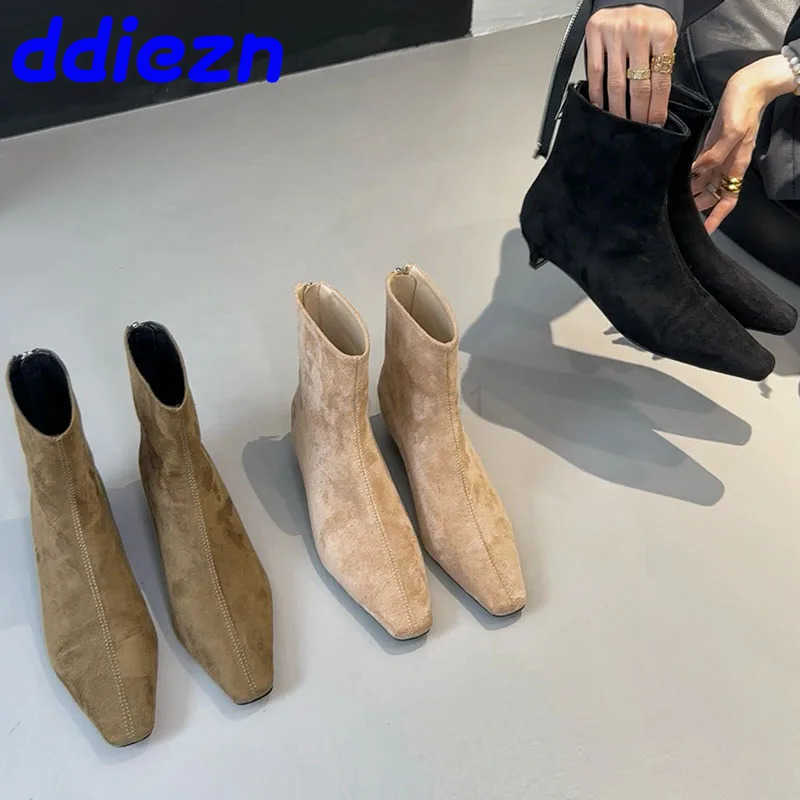 Fion Zippers Wen Ankle Boots With 3cm Heel Shoes Designer Flock Footwear Pointed Toe Ladies Modern Short Booties Shoes Z250304