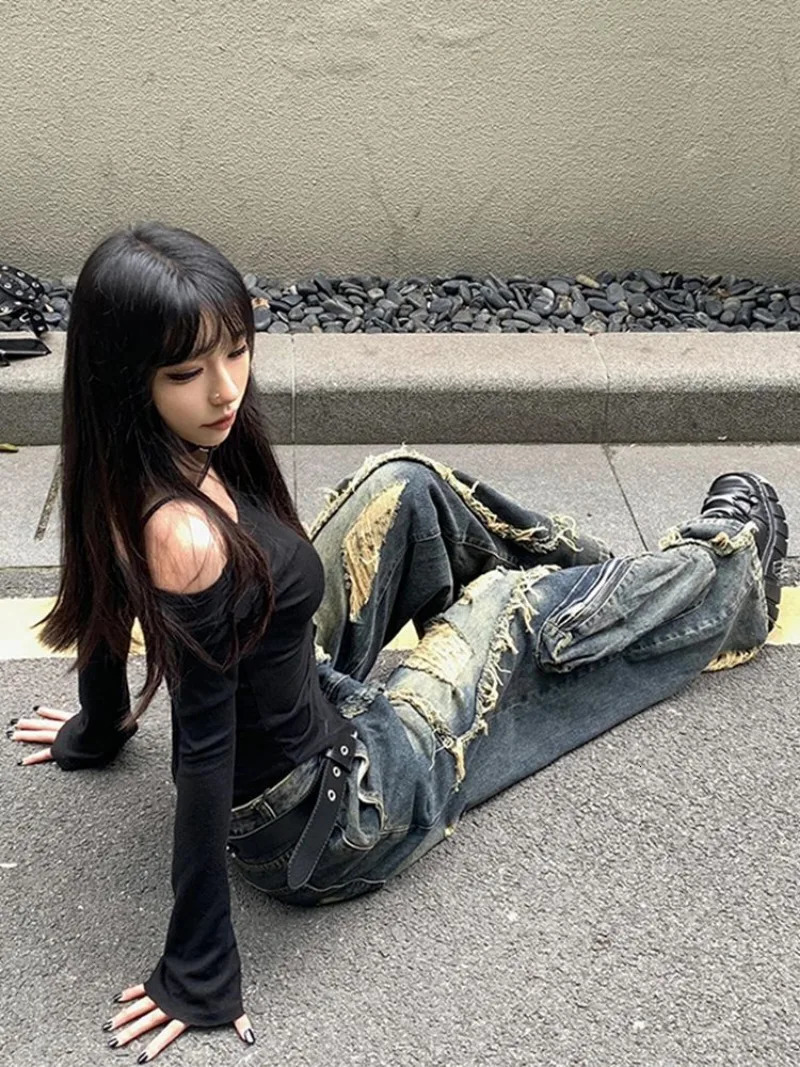 Y2K High Street Ripped Tassel Washed Baggy Jeans Woman Retro Street Hip-hop Loose Old Fashion Casual High Waist Wide Leg Jeans 250228