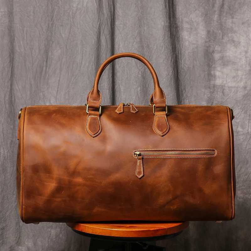 Leathfocus Mens Cowhide Travel Bag Womens Weekend Handbag Large Capacity Vintage Duffle Bag Crazy Horse Leather Laptop Bag Y250304
