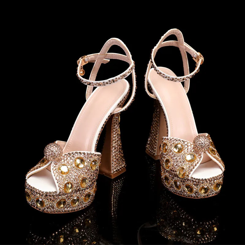 Handmade Full Rhinestones Peep toe Women Sandals Fashion Crystal Platform Wedges High heels Summer Wedding Sandals Shoes 250228