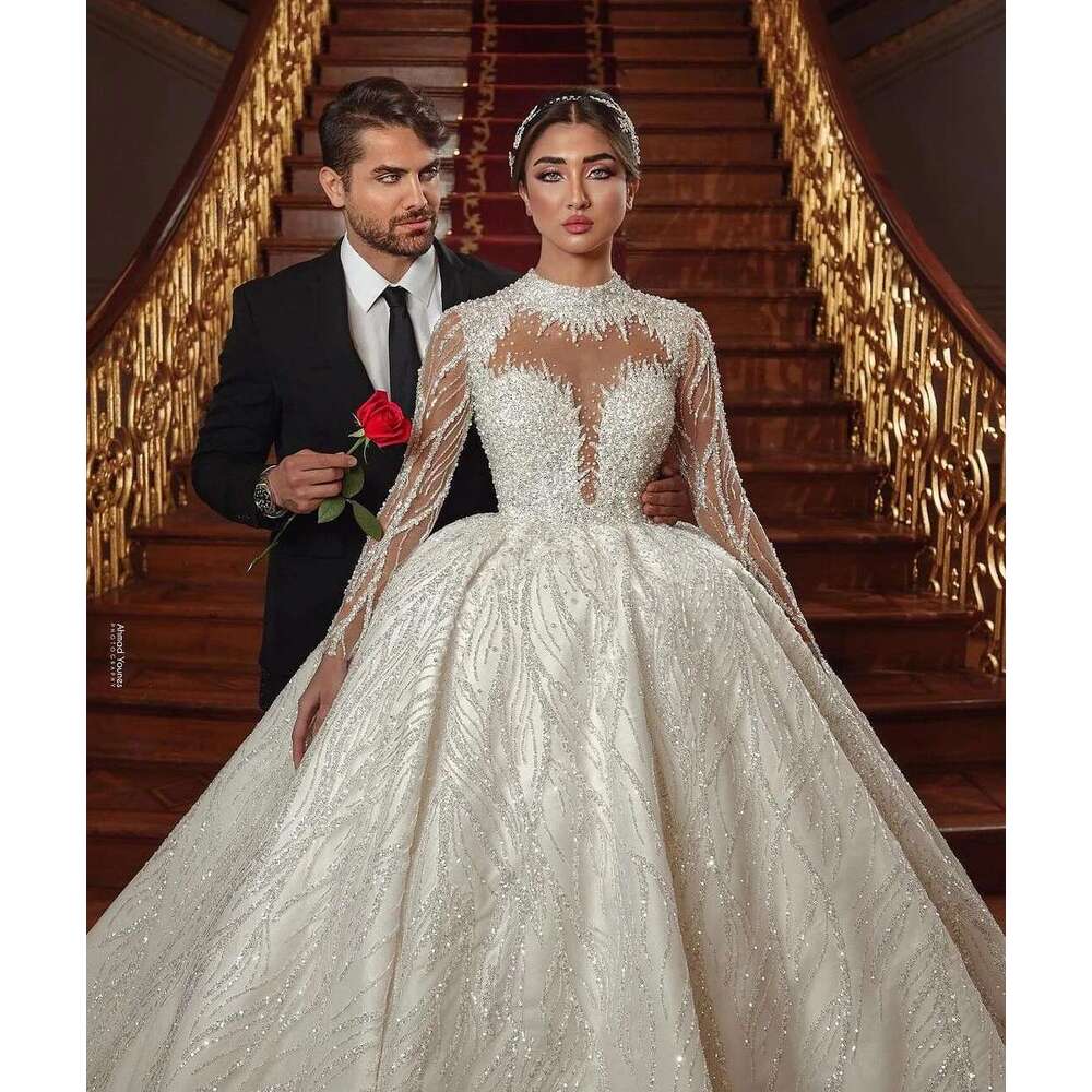 of Ball Gown Wedding The Neck Long Sleeve Applicator Beads Backless Satin Chapel Custom Novia Dresses