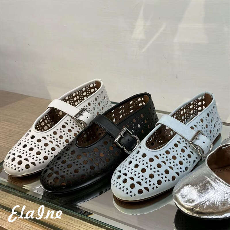 Cowhide Edition~Spring/Summer Genuine Shallow Mouth One Word Buckle with Hollow Round Head Flat Bottom Single for Women Ballet Boats Leather Shoes