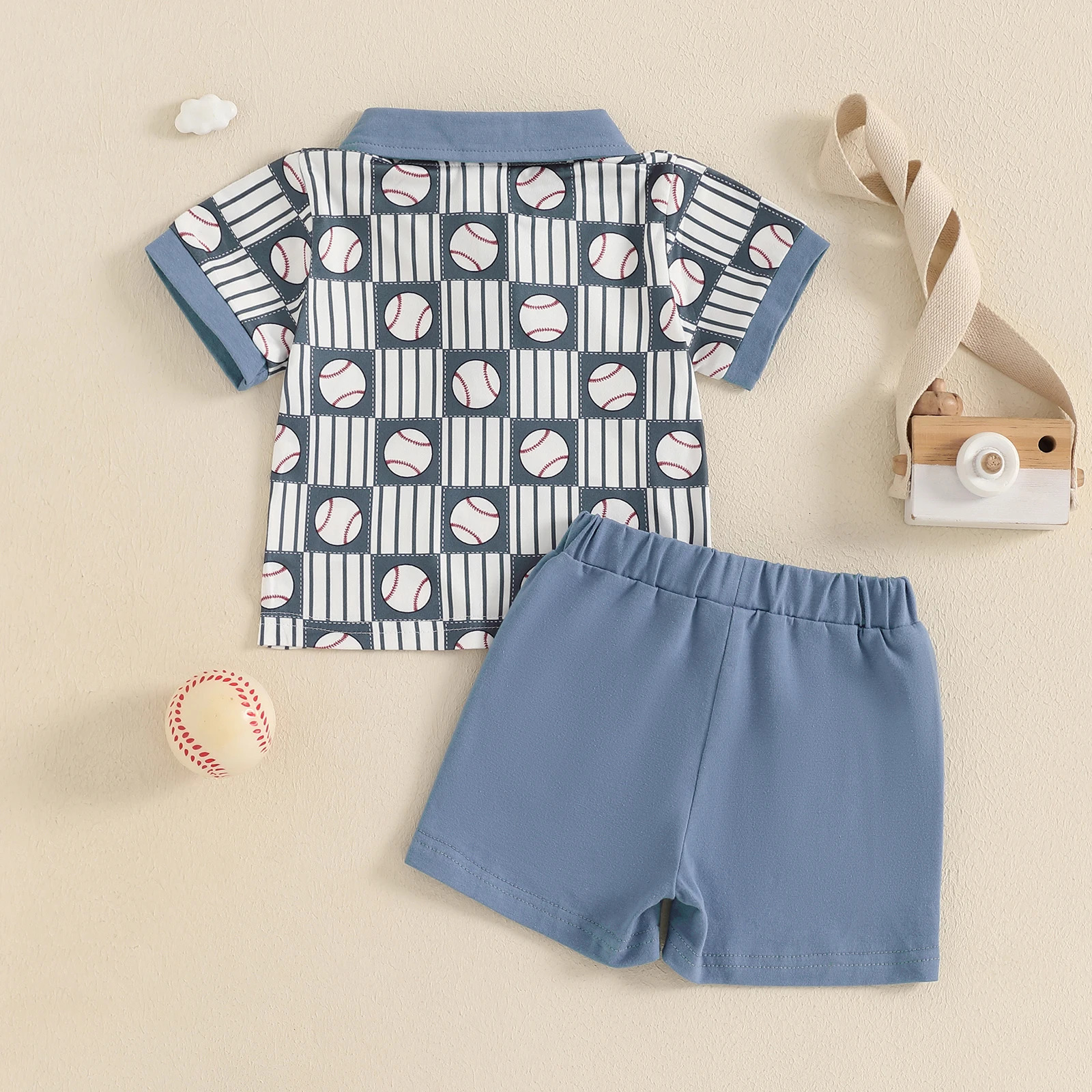 Infant Baby Boy Tracksuits Summer 2pcs Clothes Suit Toddler Baseball Half Button-up Lapel Short Sleeve Shirt Shorts with Pockets 250304