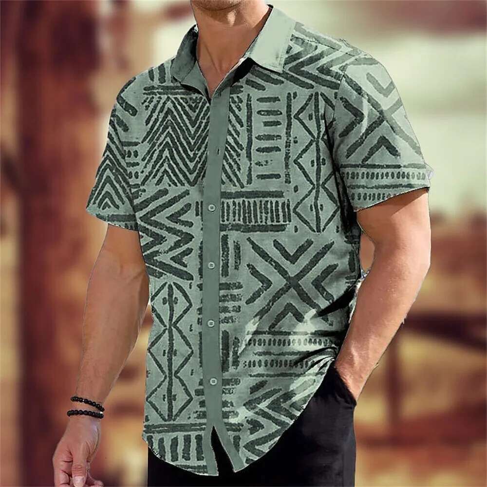 Style Summer New Designer Fashion Short Sleeved Shirt Personalized Retro Totem Print Men's Casual Street Trendy Clothing Oversized Top Beach Wear