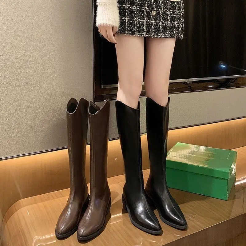 Middle Heel Knee High Shaft Shoes Wan Leather Brown Pointed Toe Long Boots for Wen Cfortable and Elegant New in Footwear Z250304