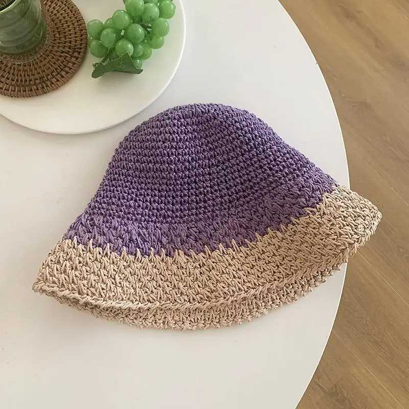 Women Spring Summer Breathable Sun Handmade Crochet Contrast Stripe Fresh Colors Per Bucket Str HatXJ250304