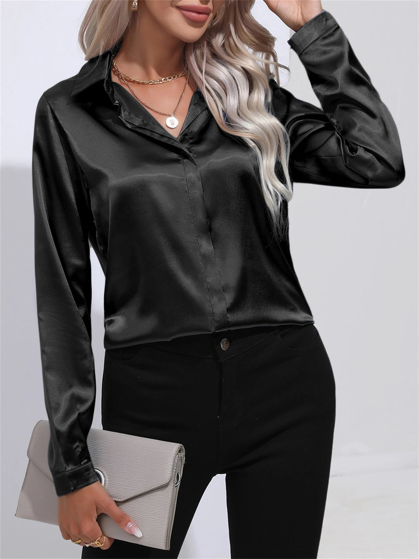 Elegant Turn-Down Collar One Button Satin Long Sleeve Shirt For Women Office Blouse 250303