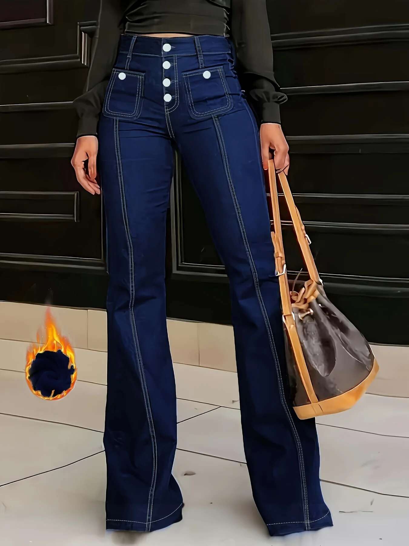 Single-Breasted Plush Ed Pintuck High Rise Stretchy Flare Leg Bell Bottom Jeans, Pants, Women's Denim Jeans & Clothing