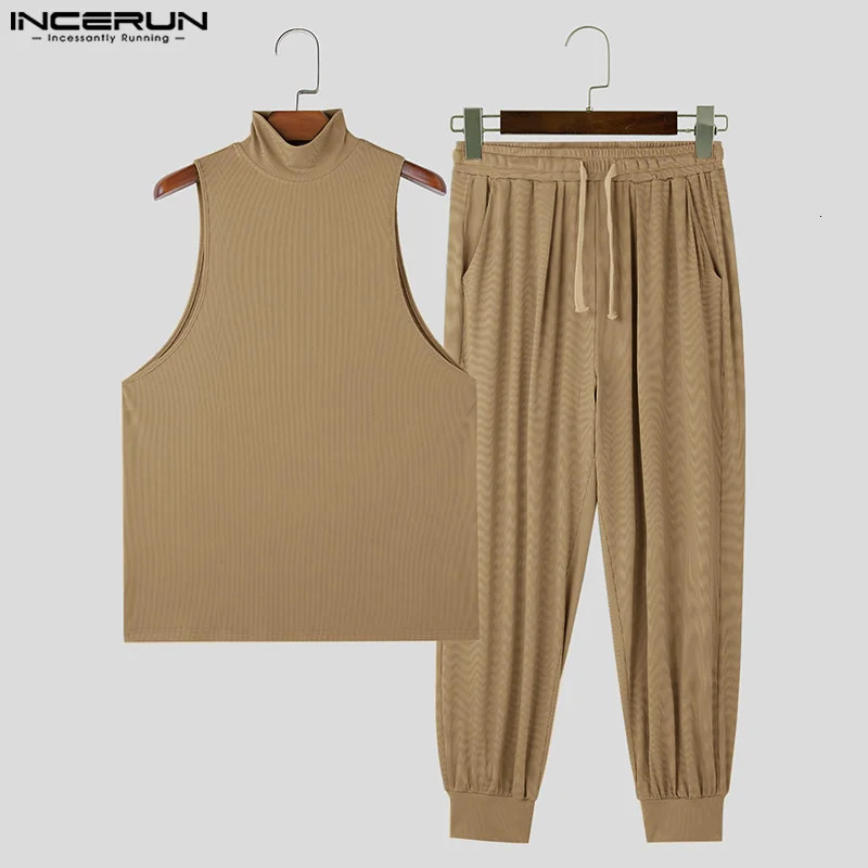 Men Sets Solid Color Streetwear Turtleneck Sleeveless Tank Tops Drawstring Pants 2PCS Fashion Mens Casual Suits INCERUN 250303