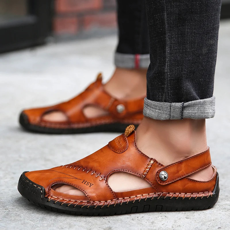 Outdoor Genuine Leather Mens Sandals Summer Non-slip Anti-collision Toe Beach Casual Shoes Walking Hiking Travel Shoes Men 250303