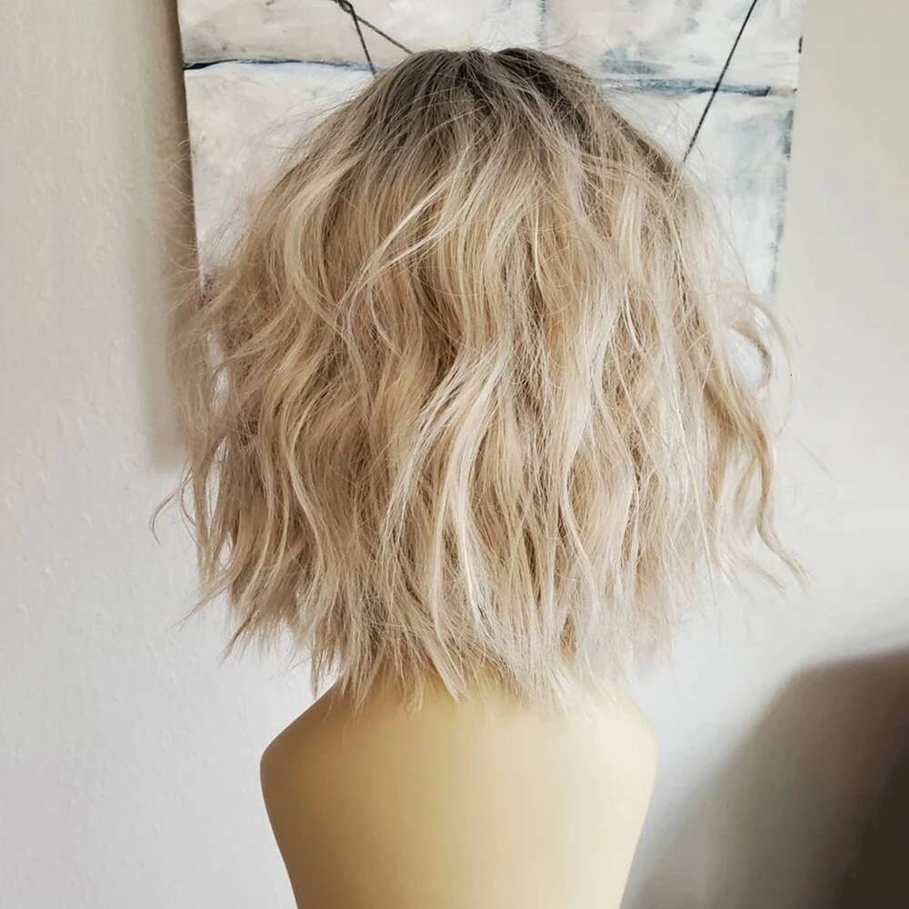 Rooted Blonde Bob With Bangs Heat Resistant Fiber Highlighted Fringe Wavy Synthetic Lace Front Wig For Women Daily Use