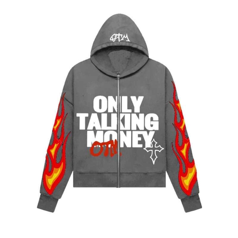 Y2K Flame Letter Printing Street Casual Trend Cardigan Coat Men's and Women's Loose Hoodie gift for man