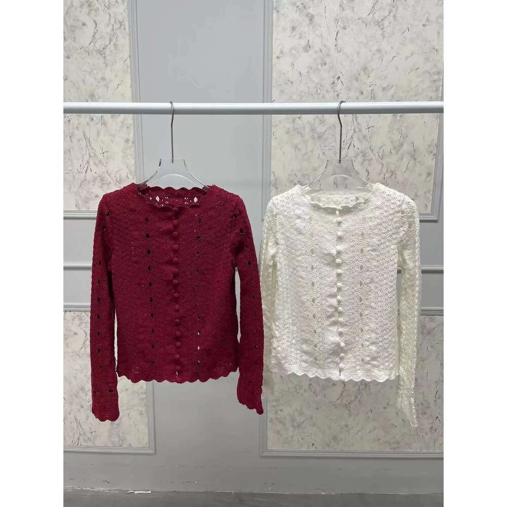 Women 100% Cotton Hollow Out Knitted Cardigan Tops Early Autumn Long Sleeve Single Breasted O-Neck Female 2 Color Sweater