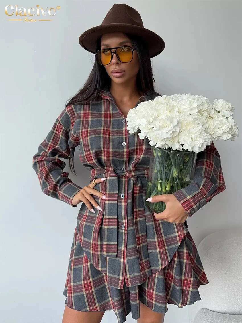 Clacive Fashion Loose Plaid 2 Piece Sets Women Outfit 2025 Elegant Long Sleeve Shirt With High Waist Mini Skirt Set Female