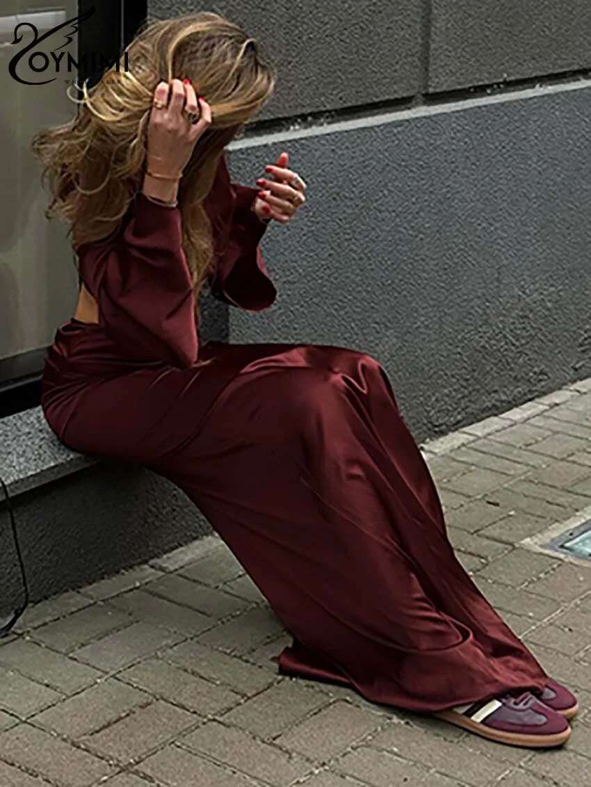 Oymimi Fashion Wine Red Sets For Women 2 Pieces Elegant Satin O-Neck Long Sleeve Crop Tops + Slim Simple Or-Length Skirts Set