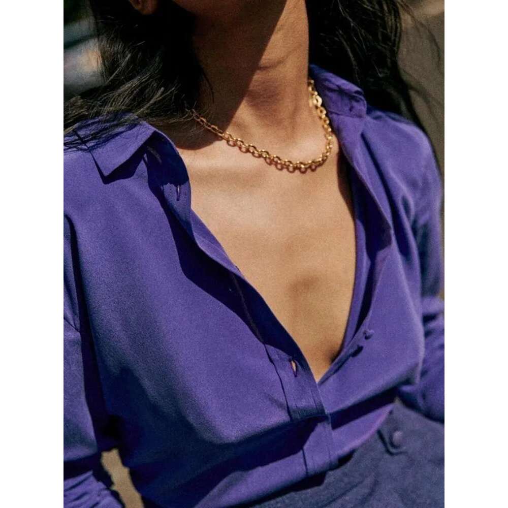 Spring Summer Women Single Breasted Silk Shirt Top Turn-Down Collar Female Casual Long Sleeve Blouse Tops