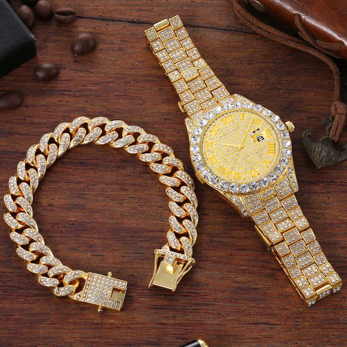 2pcs/set Rhinestone Large Dial Steel Str Quartz Zinc Alloy And Cuban Link Style Bracelet Set(1 +1 Bracelet)XJ250304