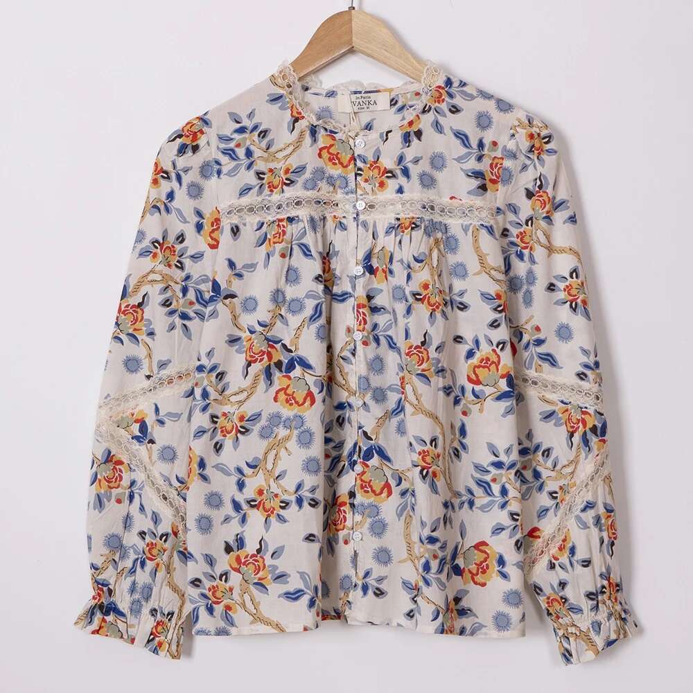 Wer Graphic Print Women Shirt O-Neck Long Sleeve Button Loose Cardigan Vintage Classic Casual Lady Top