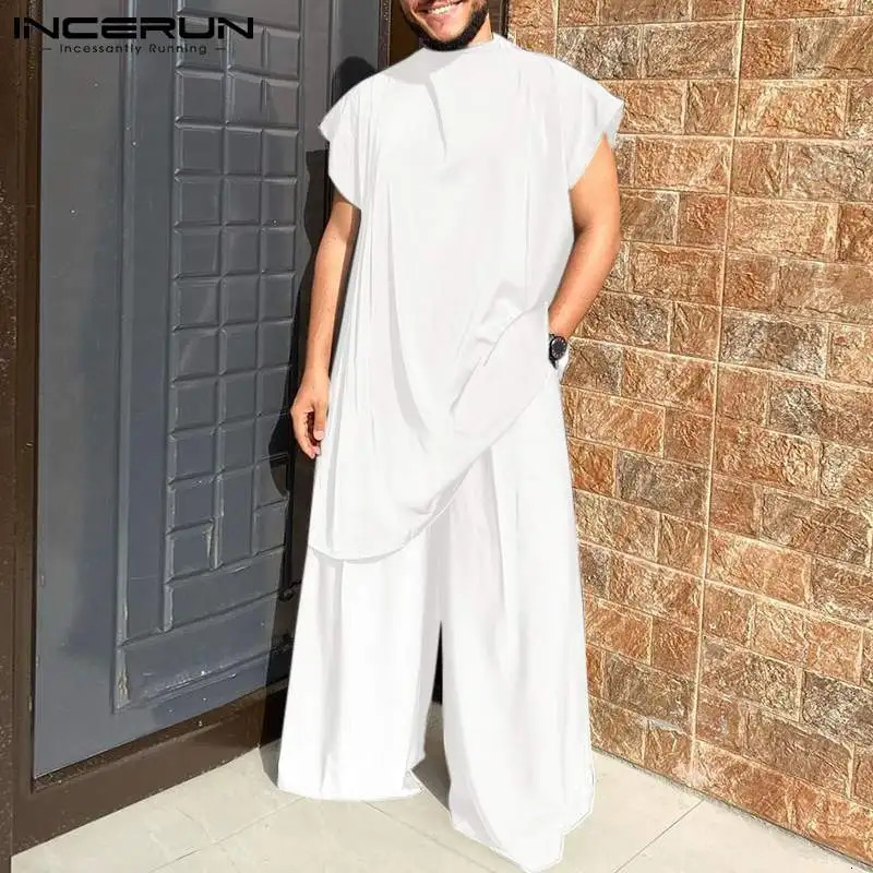 Mens Sets Muslim Style Pleated Dropped Sleeves Half Turtleneck Mid-Length Robe Loose Pants Suit 2 Pieces S-5XL INCERUN 250303