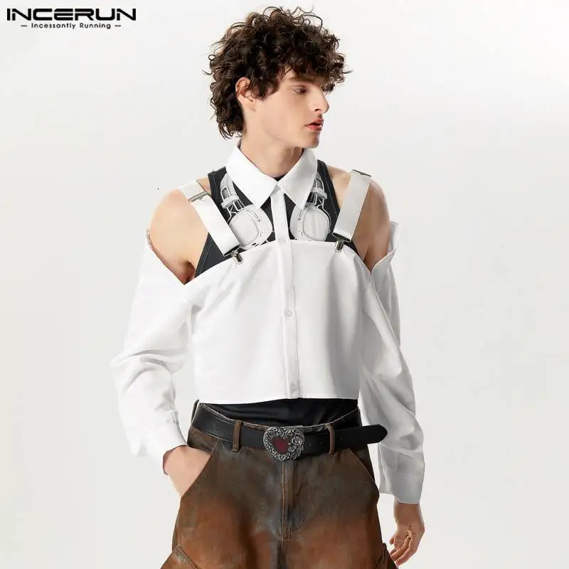 Mens Shirt Hollow Out Lapel Long Sleeve Button Male Crop Tops Sexy Solid Color Streetwear Fashion Casual Camisas INCERUN 250304