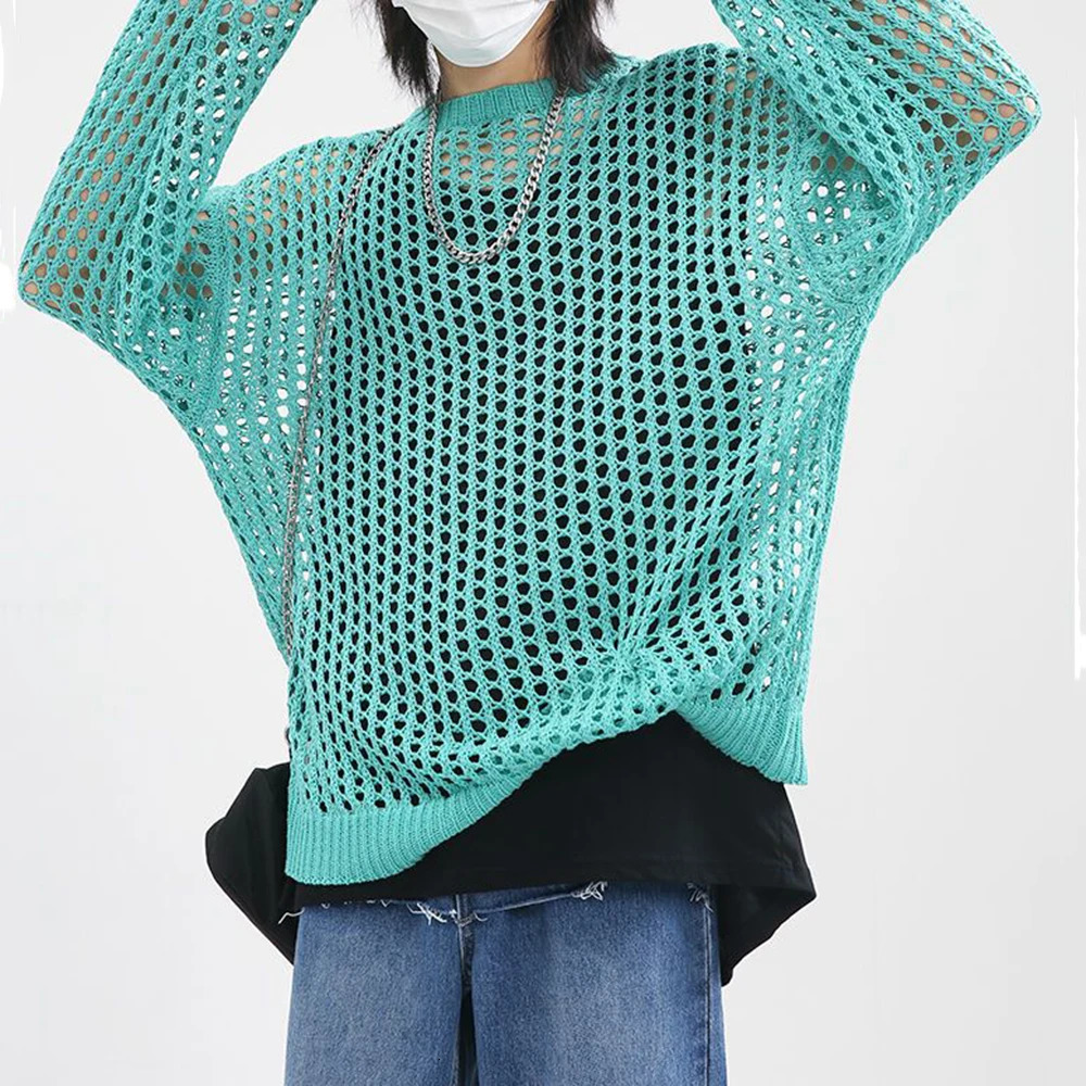 Mens Y2k Hollow Out Outfits See-Through Knit Shirts Summer Fashion All-Match Casual Geometric Vintage Loose Smock Tops 250304