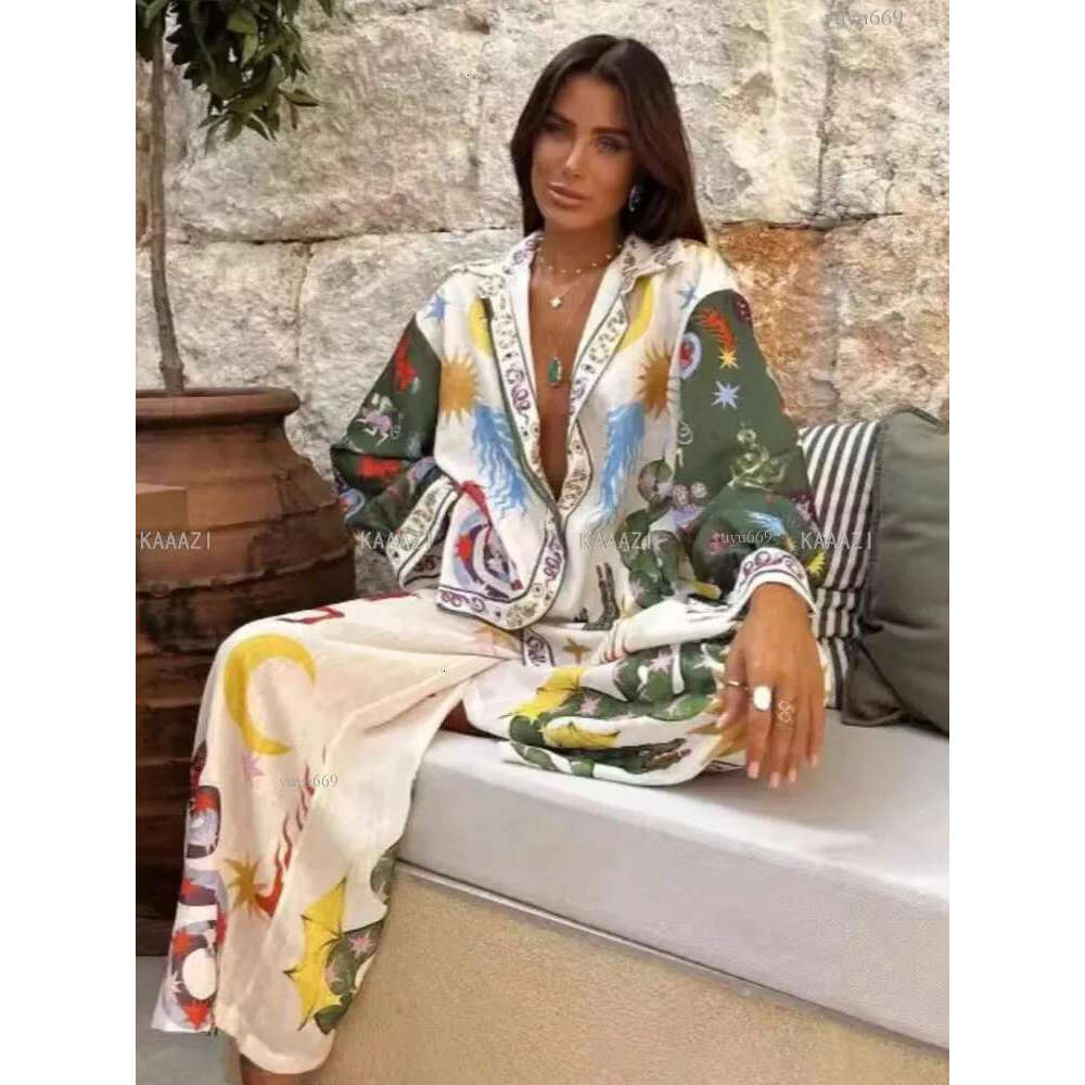Polo Fashion Casual Print Suits Women Long Sleeves Blouse Shirt Tops Pants Chic Female 2 Piece Sets Outfits Clothes Holiday 2
