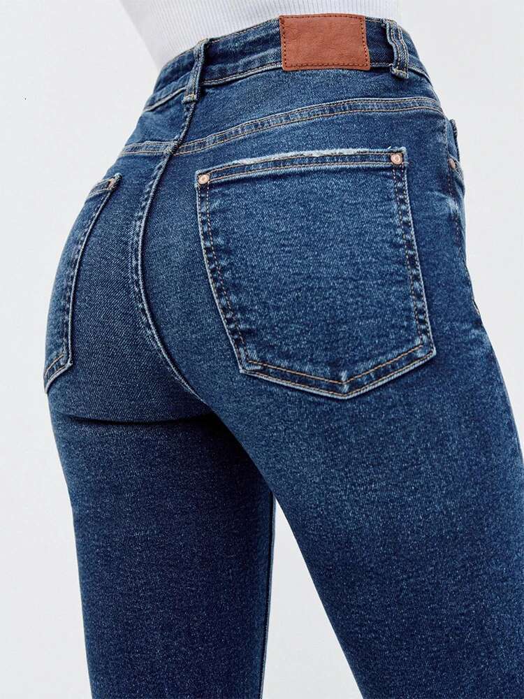 TRAF Women's Slim High Waist Flared Jeans New Pocket Zip Button Closure Stretch Wide Leg Washed Effect Fashion Trousers
