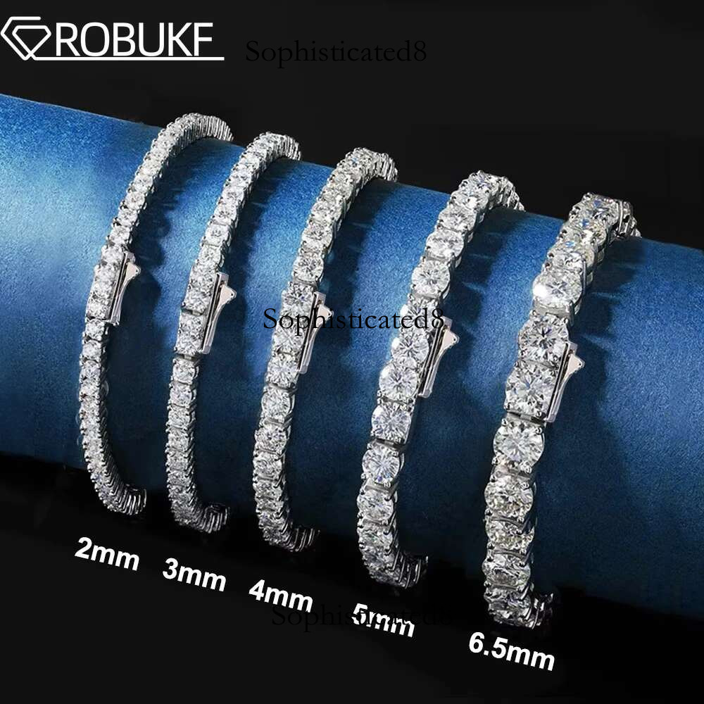2-6.5mm Real Moissanite Tennis Bracelets for Women Man Sterg Sier Plated White Gold Bracelet Sparkg Wedding Jewelry