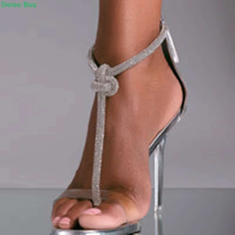 Crystal Rope Sandals Pointed Toe Thin High Heel Ankle Strap Back Cover Zipper Fashion Women Summer Simple Shoes