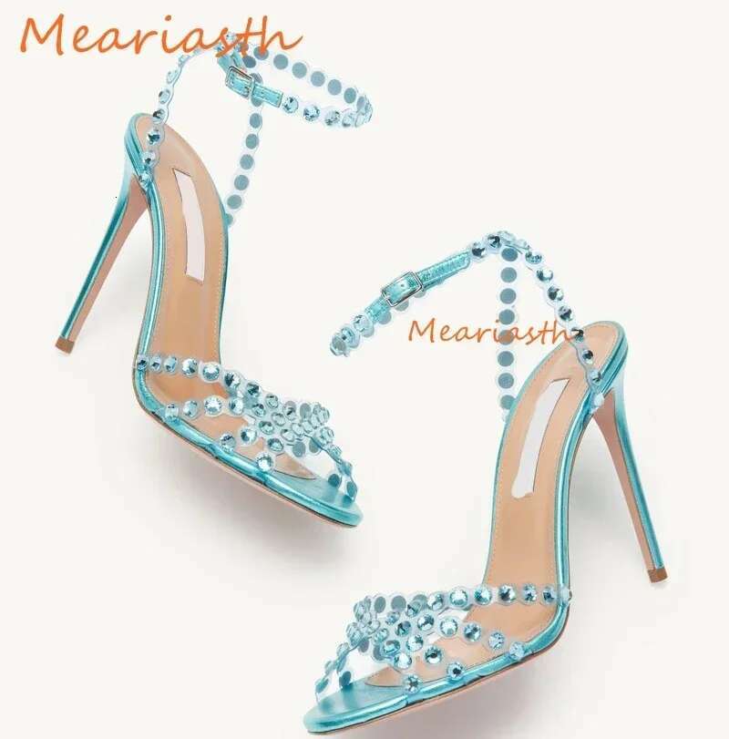 Sexy Peep Toe Rhie PVC Crystal Sandals Women Summer Stilettos High Heels Ankle Strap Dia New Big Size Party Shoes